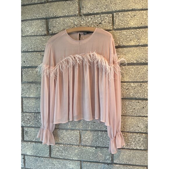 Zara Pink Feather-Trimmed Sheer Blouse Size M Made In Turkey - Picture 2 of 9